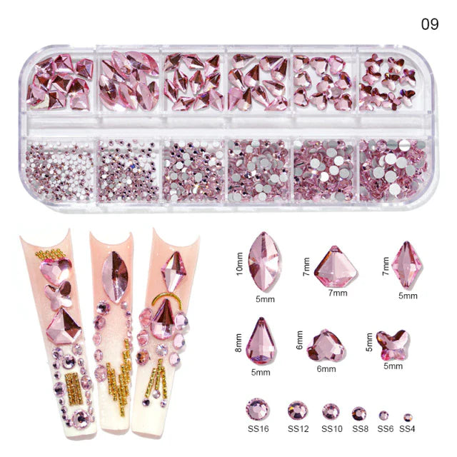 Rhinestones - 12 Grids Box Multi Sizes Flatback Crystal Diamond - Baby Pink