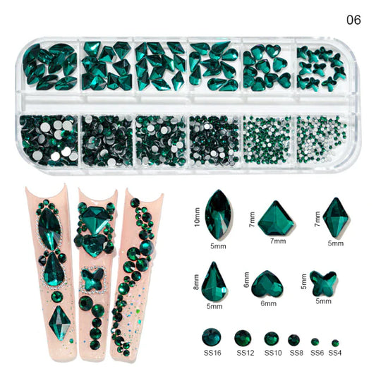 Rhinestones - 12 Grids Box Multi Sizes Flatback Crystal Diamond - Green