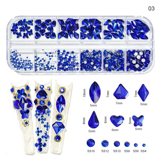 Rhinestones - 12 Grids Box Multi Sizes Flatback Crystal Diamond - Royal Blue