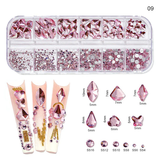 Rhinestones - 12 Grids Box Multi Sizes Flatback Crystal Diamond - Baby Pink