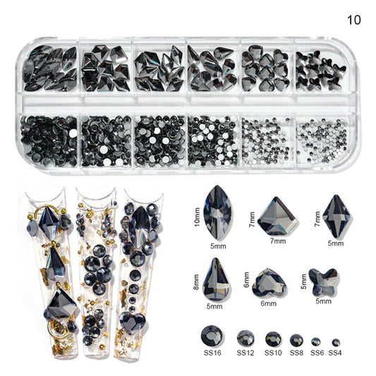 Rhinestones - 12 Grids Box Multi Sizes Flatback Crystal Diamond - Black