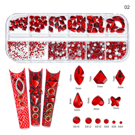 Rhinestones - 12 Grids Box Multi Sizes Flatback Crystal Diamond - Red