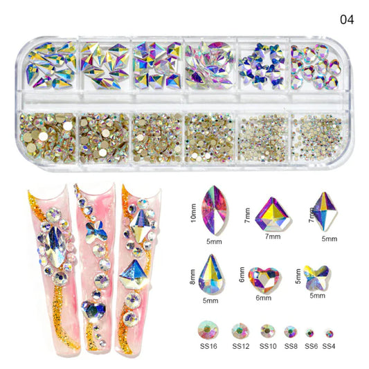 Rhinestones - 12 Grids Box Multi Sizes Flatback Crystal Diamond - Crystal AB