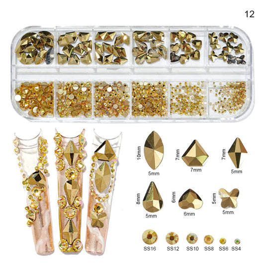 Rhinestones - 12 Grids Box Multi Sizes Flatback Crystal Diamond - Champagne