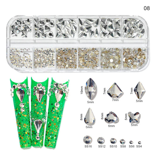 Rhinestones - 12 Grids Box Multi Sizes Flatback Crystal Diamond - White