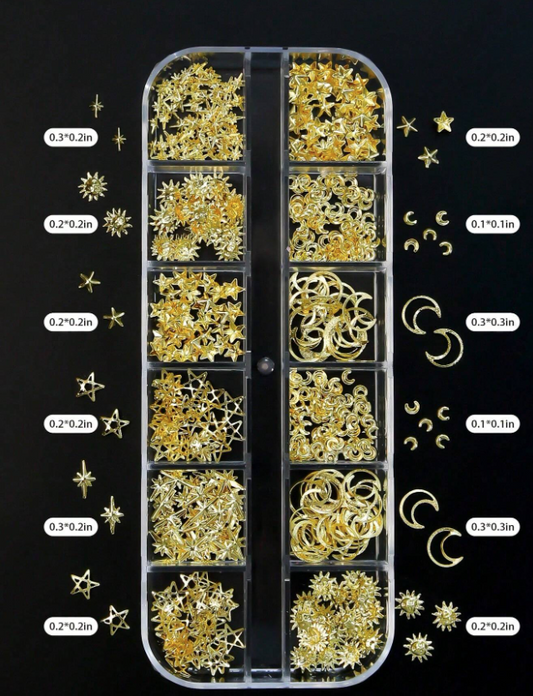 1Box Star, Moon, Heart, Triangle, Square Shaped Metallic Rivets, 3D Gold Punk Nail Art Decorations