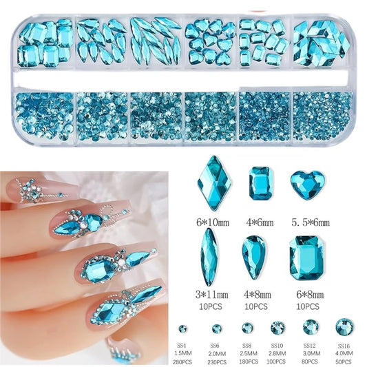 Rhinestones - 12 Grids Box Multi Sizes Flatback Crystal Diamond - Baby Blue